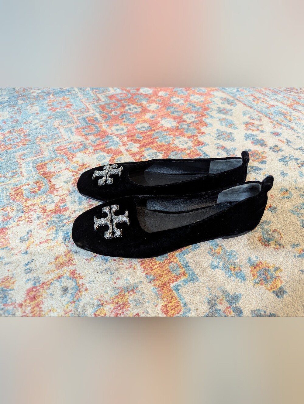 Tory Burch Women's 7.5 M Eleanor Crystal Ballet Black Velvet Flat Logo